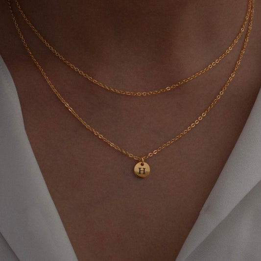 Double Chain Initial Necklace: Personalized Coin Disc Pendant