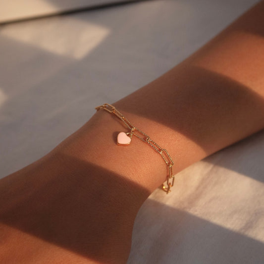 Gold Paperclip Chain Bracelet: Pink Heart Initial Charm, Personalized