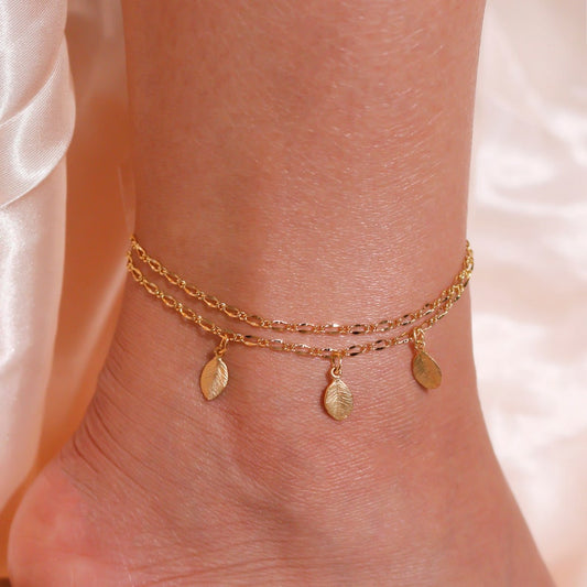 Dainty gold leaf anklet double layering personalized anklets