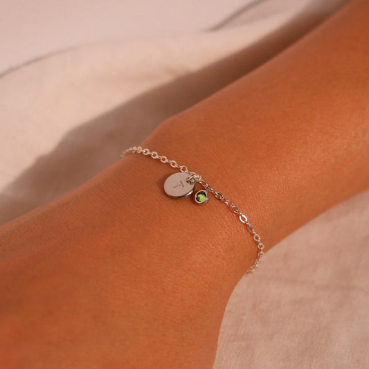 Sterling Silver Birthstone Bracelet: Personalized Initial Coin Charm