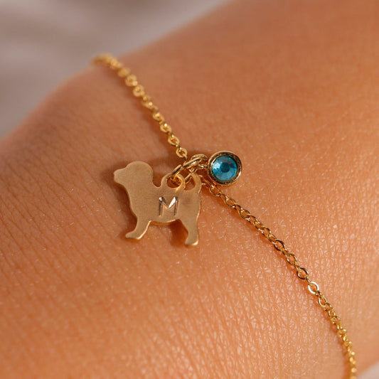 Gold Dog Birthstone Bracelet: Personalized Initial Charm