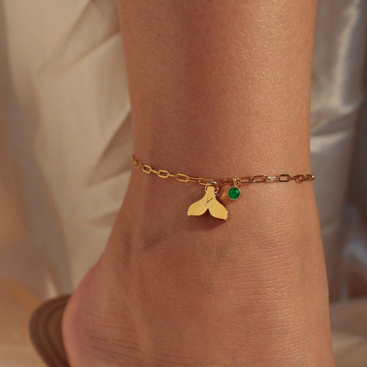 Whale Tail Anklet with Birthstone: 16k Gold Plated Brass