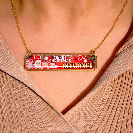 Personalized Cat Christmas Necklace: Stainless Steel Holiday Jewelry