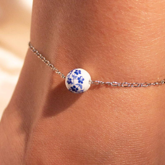 Ceramic Flower Charm Anklet: Asian Style, Something Blue