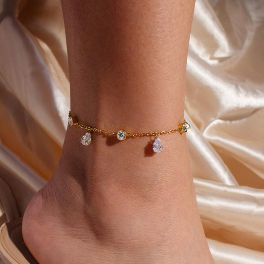 Gold Cubic Zirconia Anklet: Teardrop Crystal Ankle Bracelet