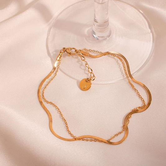 Gold Double Layered Herringbone Anklet: Dainty Everyday Jewelry