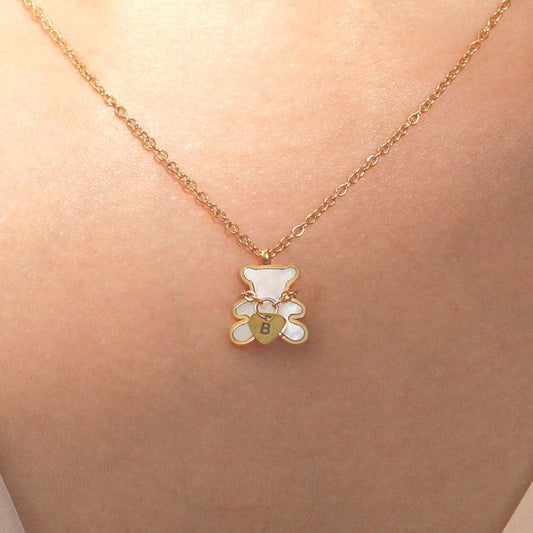 Bear Necklace: Mother of Pearl Heart, Personalized Initial