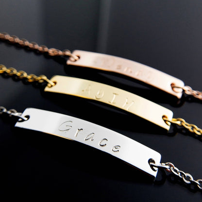 Name Bar Bracelet Hand Stamped Gold, Silver, Rose Gold Plated Custom Jewelry