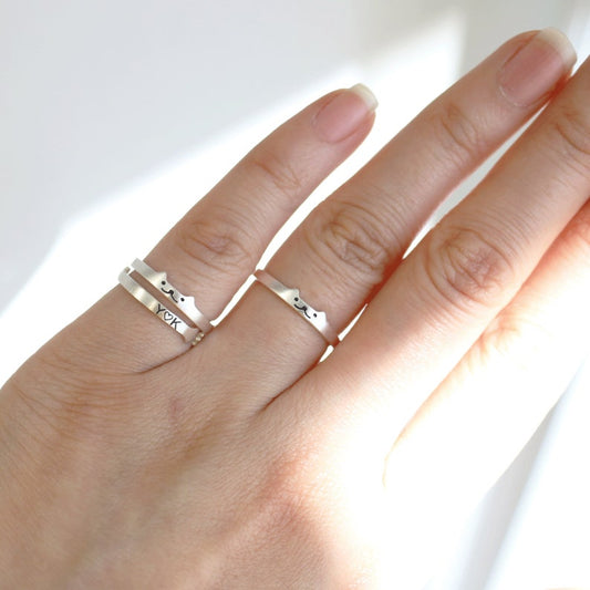 Sterling Silver Cat Ring: Personalized Initial Kitty, Adjustable Band