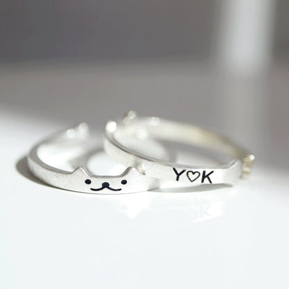 Personalized Sterling Silver Cat Ring: Initial Engraved Kitty Jewelry