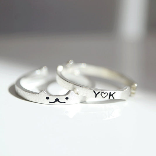 Sterling Silver Cat Ring: Personalized Initial Kitty, Adjustable Band
