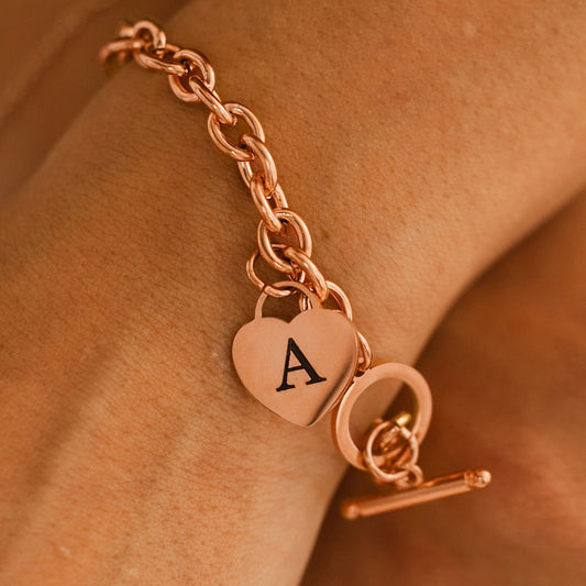 Rose Gold Chunky Link Bracelet: Personalized Heart Charm Toggle Clasp
