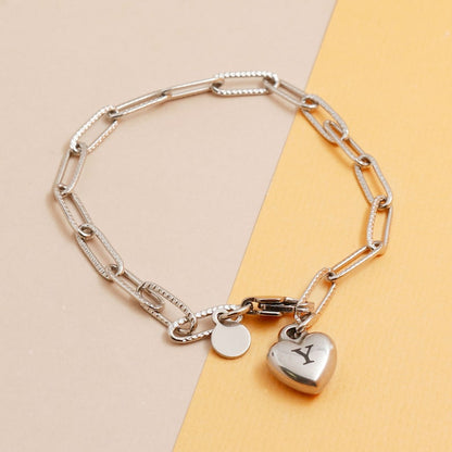 Engraved Heart Silver Paperclip Chain Bracelet: Personalized Initial