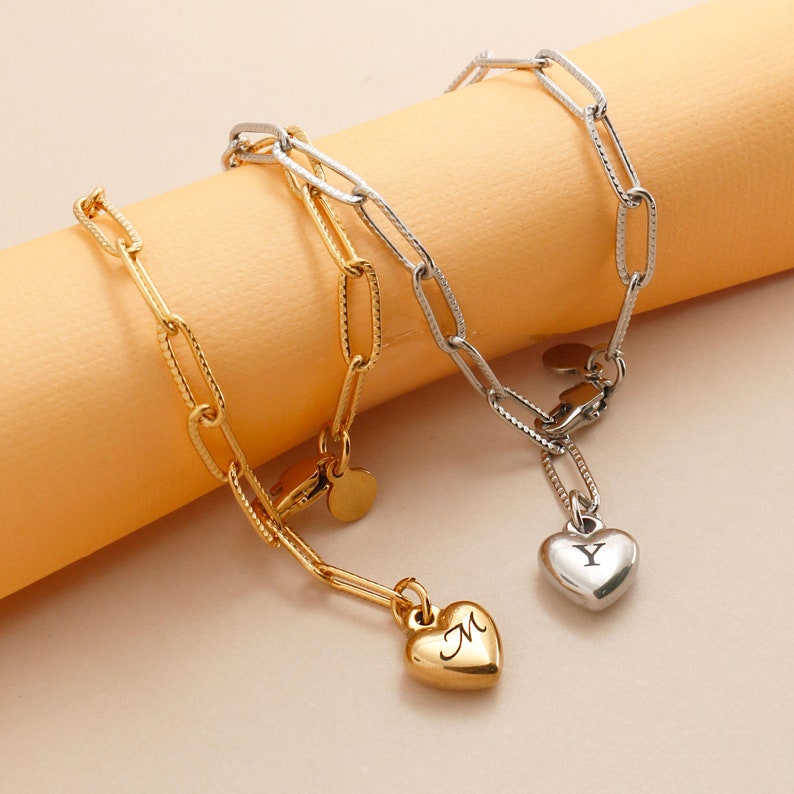 Engraved Heart Silver Paperclip Chain Bracelet: Personalized Initial