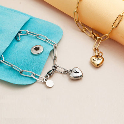 Engraved Heart Silver Paperclip Chain Bracelet: Personalized Initial
