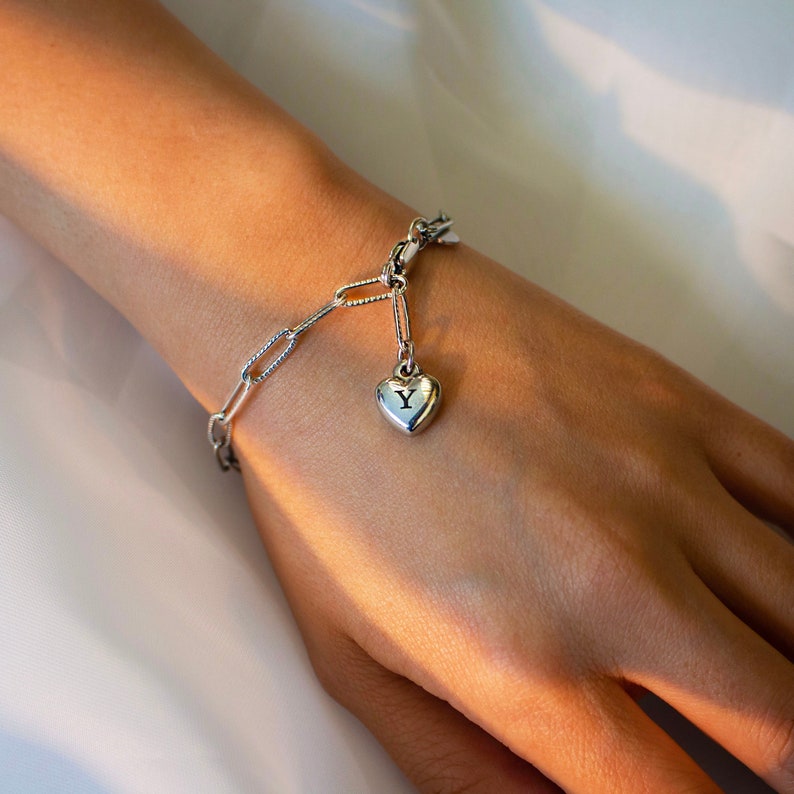 Engraved Heart Silver Paperclip Chain Bracelet: Personalized Initial