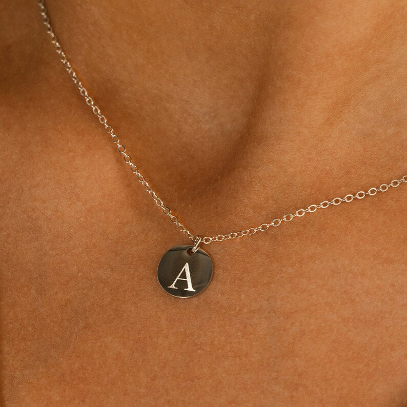 Personalized Initial Disk Necklace: 16K Plated Coin Pendant