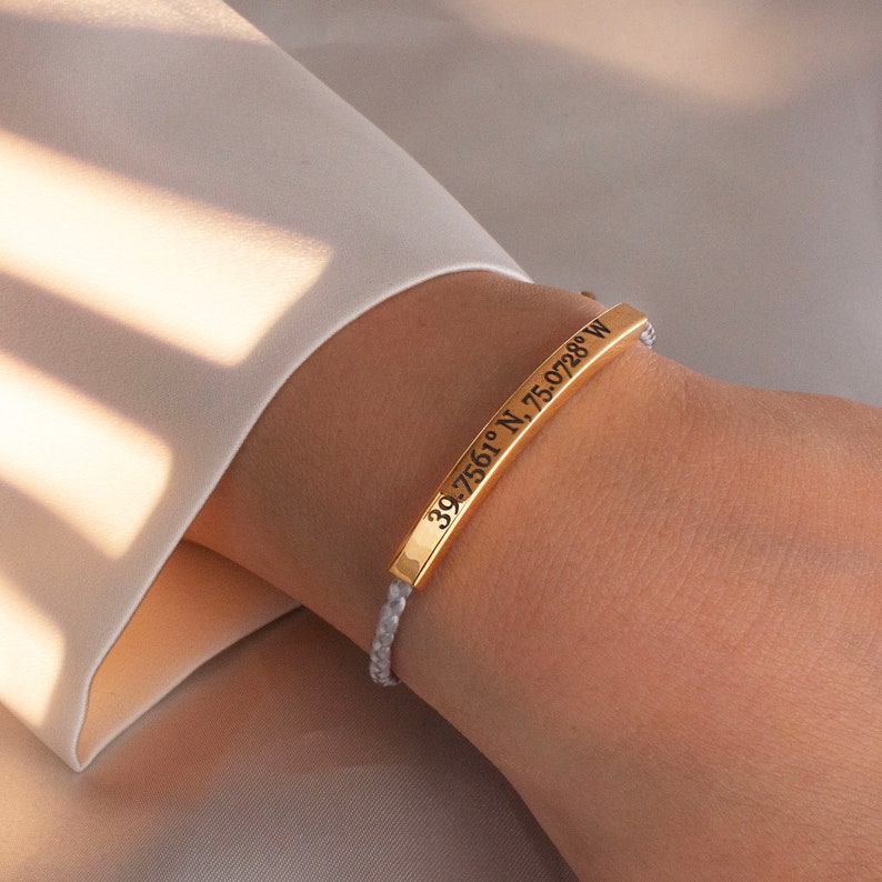 Personalized Gold Bar Bracelet: Woven Cotton Cord, Good Luck Jewelry