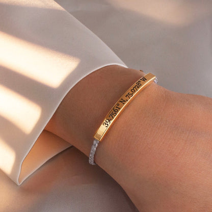 Personalized Gold Bar Bracelet: Woven Cotton Cord, Good Luck Jewelry
