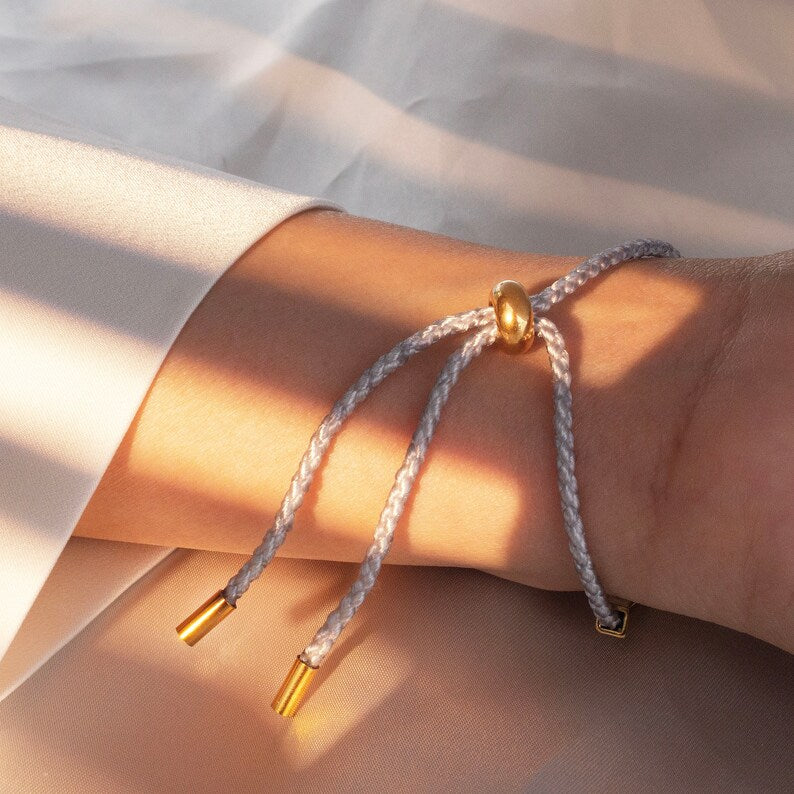 Personalized Gold Bar Bracelet: Woven Cotton Cord, Good Luck Jewelry