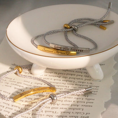 Personalized Gold Bar Bracelet: Woven Cotton Cord, Good Luck Jewelry