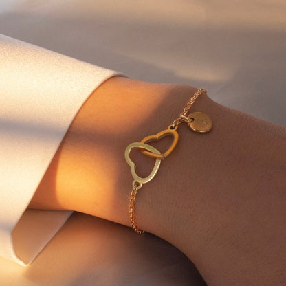 16K Gold Double Heart Initial Bracelet: Personalized Charm