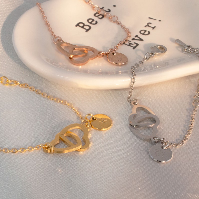 16K Gold Double Heart Initial Bracelet: Personalized Charm
