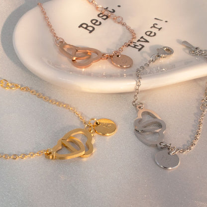 16K Gold Double Heart Initial Bracelet: Personalized Charm