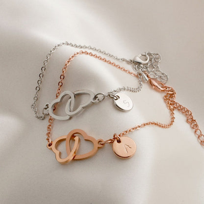 16K Gold Double Heart Initial Bracelet: Personalized Charm