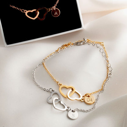16K Gold Double Heart Initial Bracelet: Personalized Charm