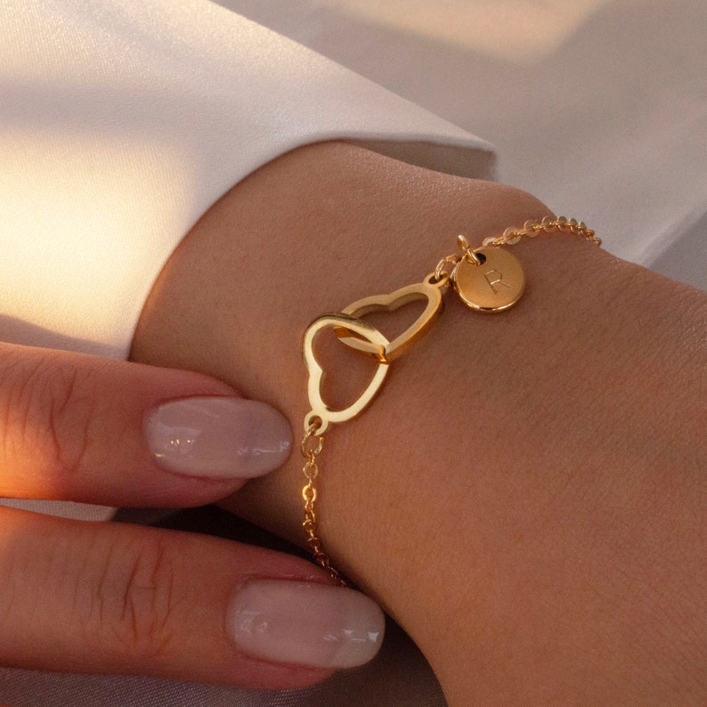 16K Gold Double Heart Initial Bracelet: Personalized Charm