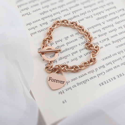 Rose Gold Chunky Link Bracelet: Personalized Heart Charm Toggle Clasp