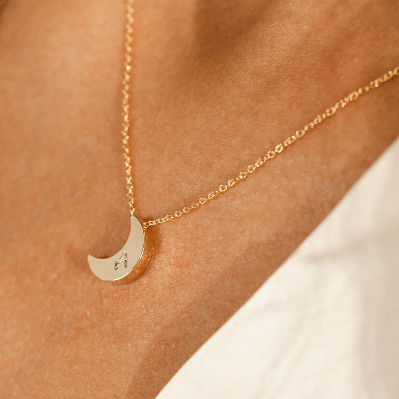 Moon Charm Necklace With Your Own Initial personalized Gifts For Her Moon Handmade Necklace Dainty Charm Necklace