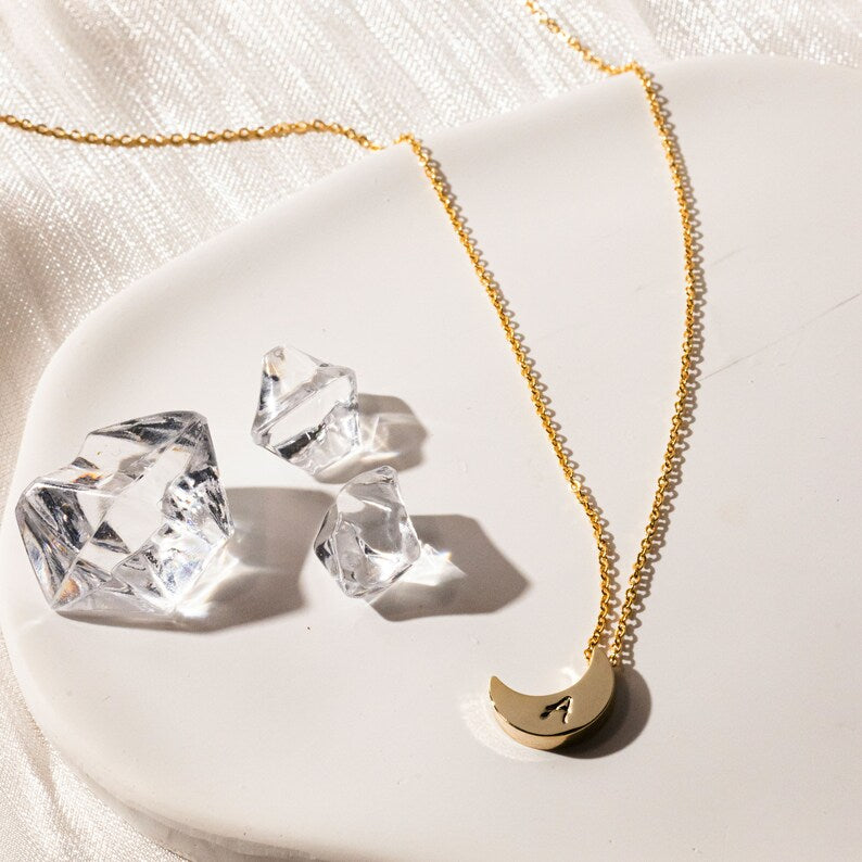 Moon Charm Necklace With Your Own Initial personalized Gifts For Her Moon Handmade Necklace Dainty Charm Necklace