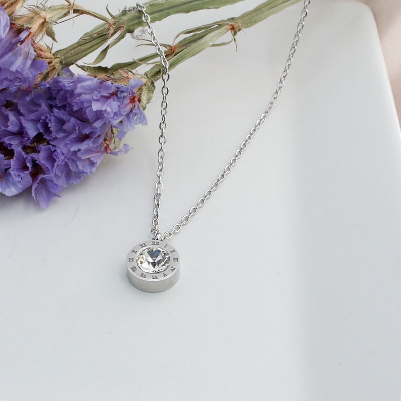 Silver Roman Numerals Necklace: Personalized Cubic Zirconia Pendant
