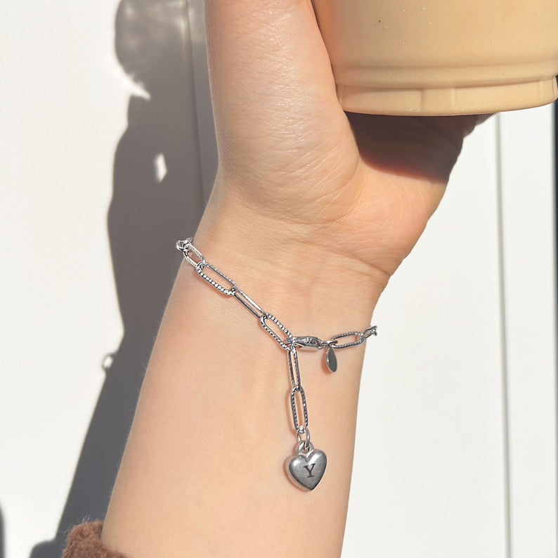 Engraved Heart Silver Paperclip Chain Bracelet: Personalized Initial