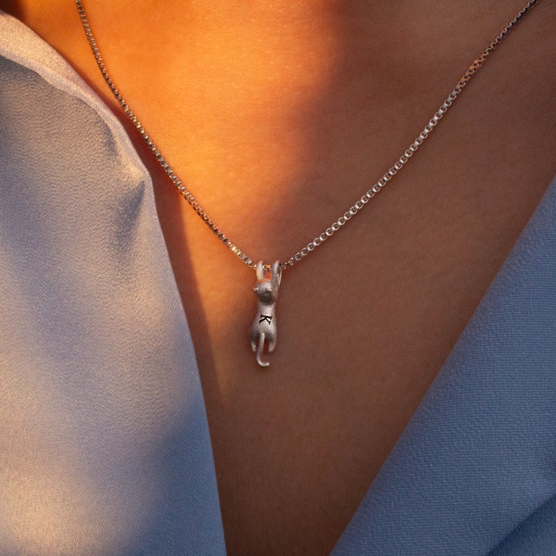 Hanging Cat Sterling Silver Necklace - Personalized Matte Kitty Pendant