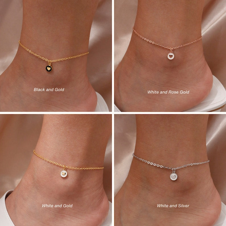 Dainty Heart Initial Anklet: Personalized 16K Plated Ankle Bracelet