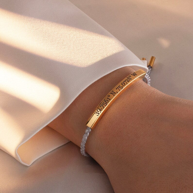 Personalized Gold Bar Bracelet: Woven Cotton Cord, Good Luck Jewelry