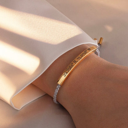 Personalized Gold Bar Bracelet: Woven Cotton Cord, Good Luck Jewelry