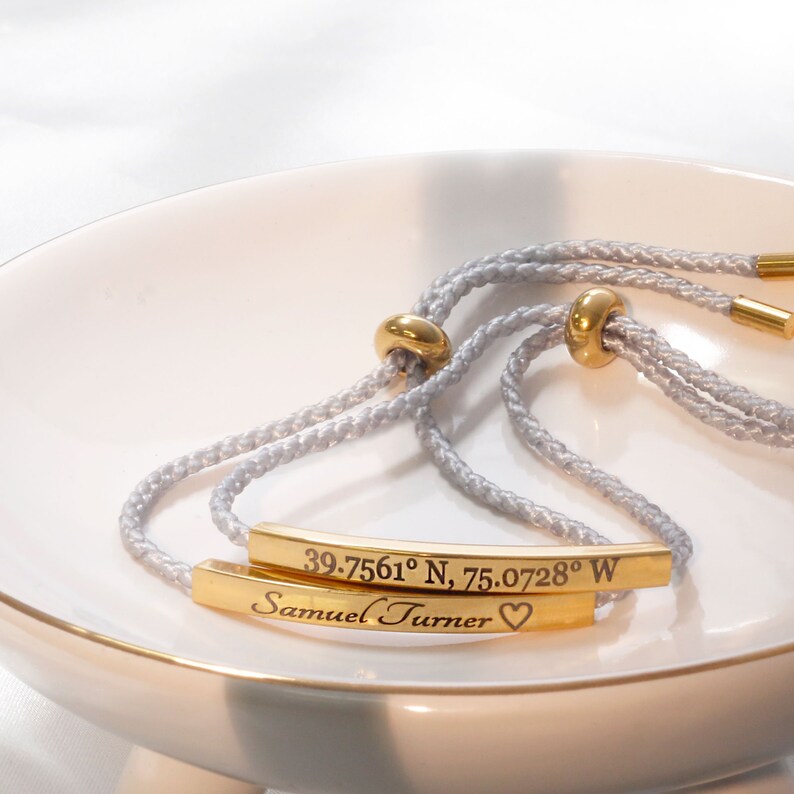 Personalized Gold Bar Bracelet: Woven Cotton Cord, Good Luck Jewelry