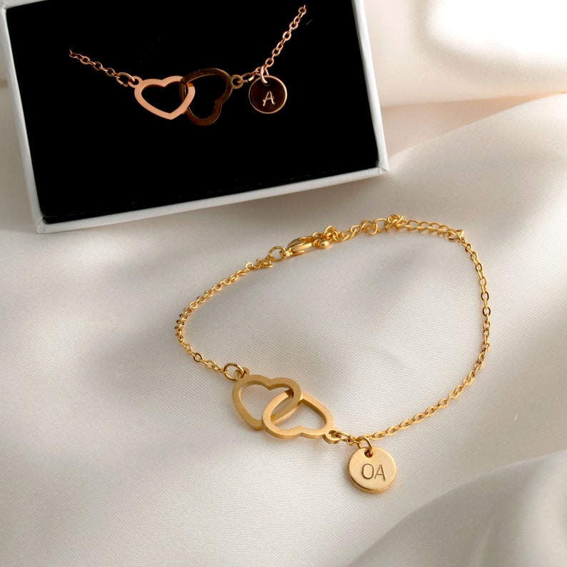16K Gold Double Heart Initial Bracelet: Personalized Charm