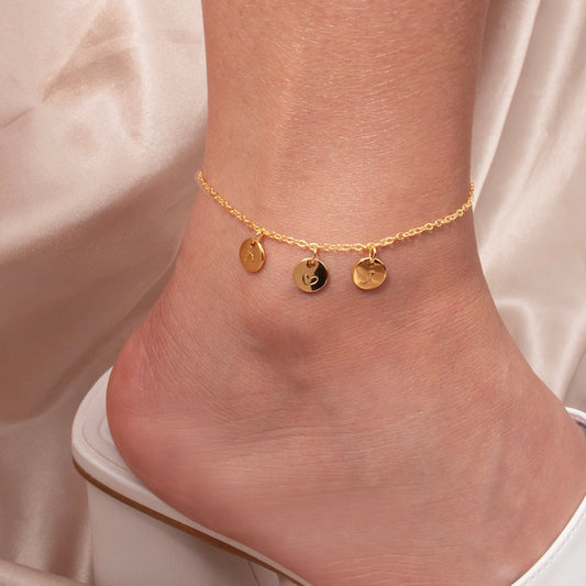 Triple Coin Initial Anklet: Hand Stamped Personalized Charm