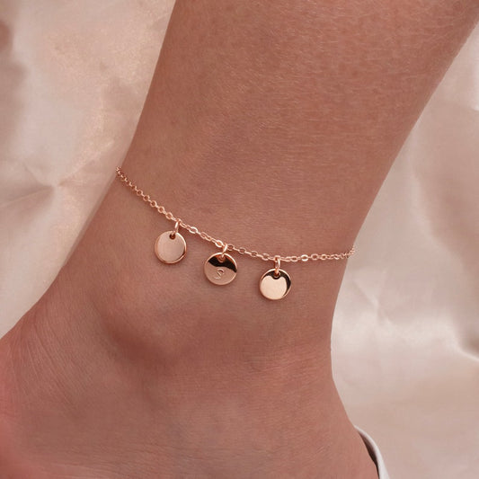 Triple Coin Initial Anklet: Hand Stamped Personalized Charm