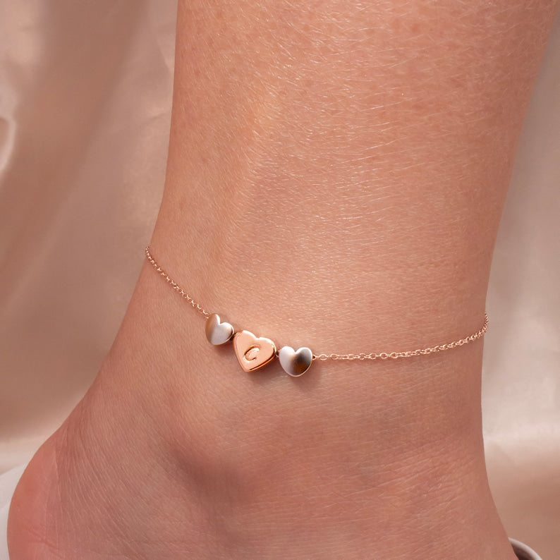 Hand Stamped Initial Anklet: 16k Gold Plated Triple Heart Charm