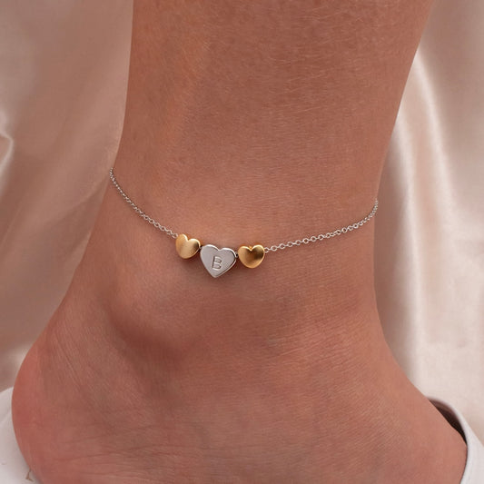 Hand Stamped Initial Anklet: 16k Gold Plated Triple Heart Charm