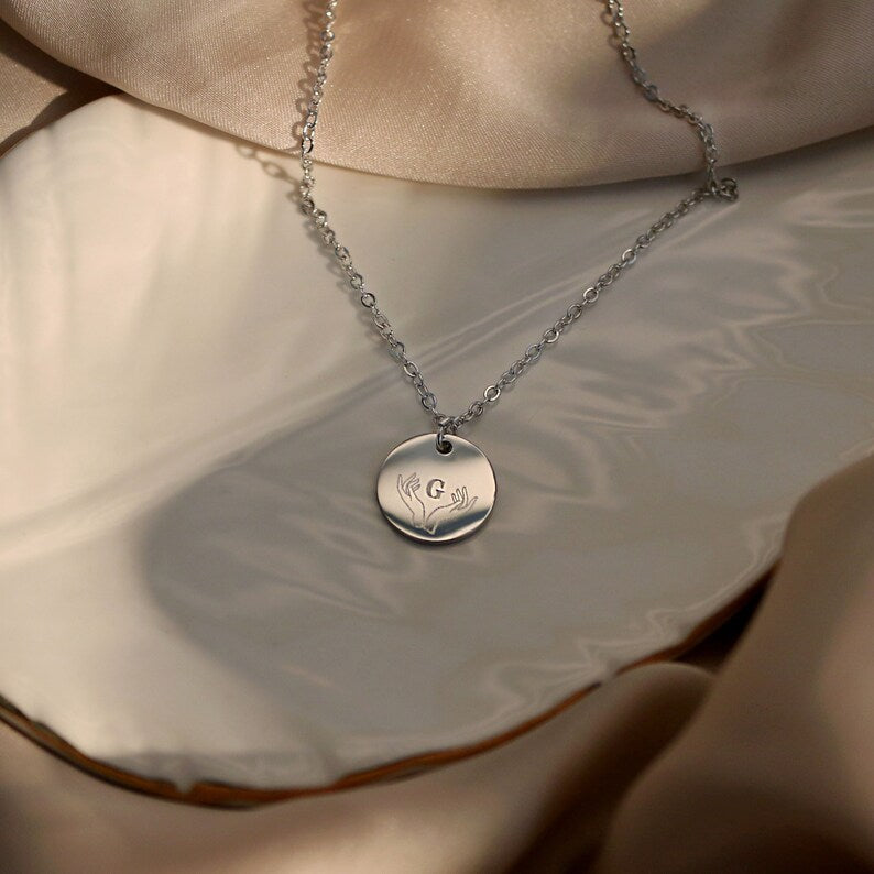 Engraved Initial Hand Gesture Necklace: Personalized Friendship Gift