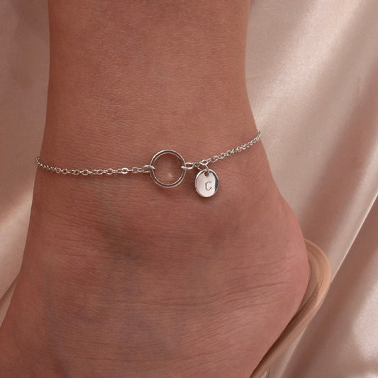 Circle Anklet: Personalized Initial Coin Charm, 16K Plated