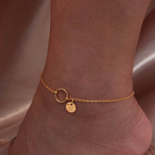 Circle Anklet: Personalized Initial Coin Charm, 16K Plated