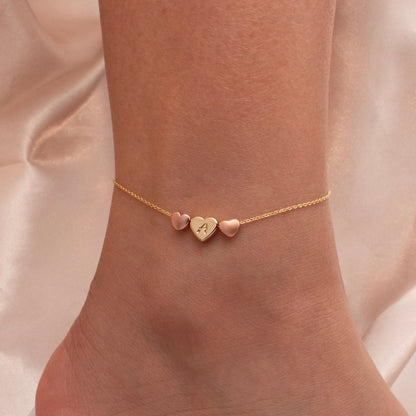 Hand Stamped Initial Anklet: 16k Gold Plated Triple Heart Charm